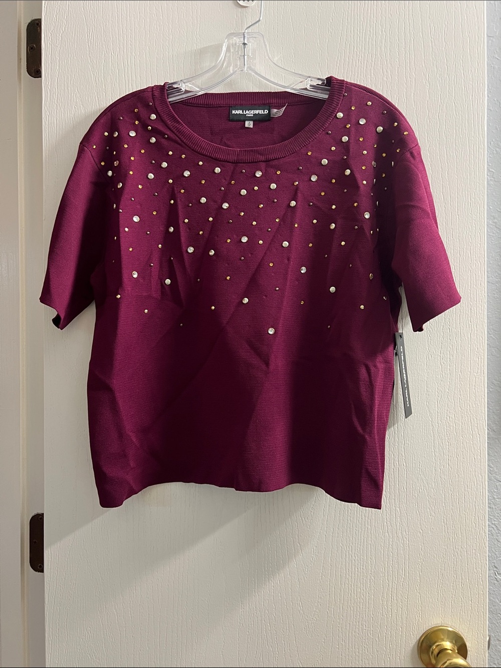 Karl Lagerfeld Plum Short Sleeve Studded Knit Top